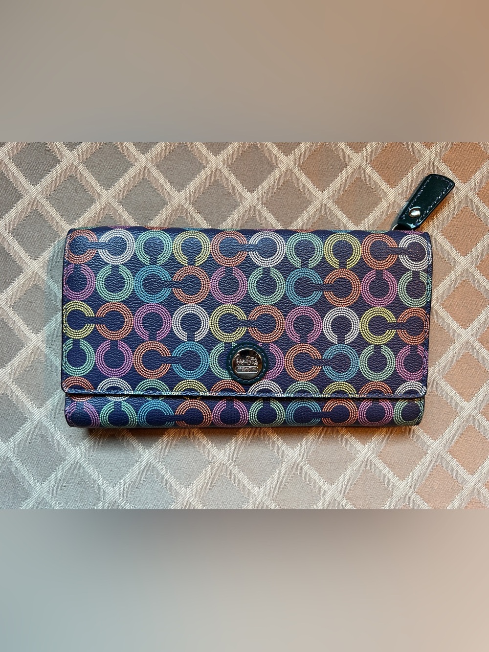 Coach Navy Multicolor Circle Print Wallet Clutch Leather Interior